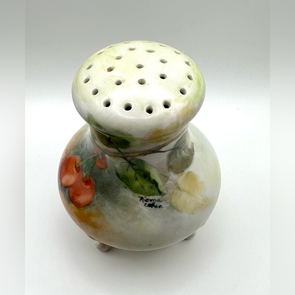 Rare-Signed Victorian Hand Painted Cherry Fruit Porcelain Powder Shaker - Picture 5 of 9